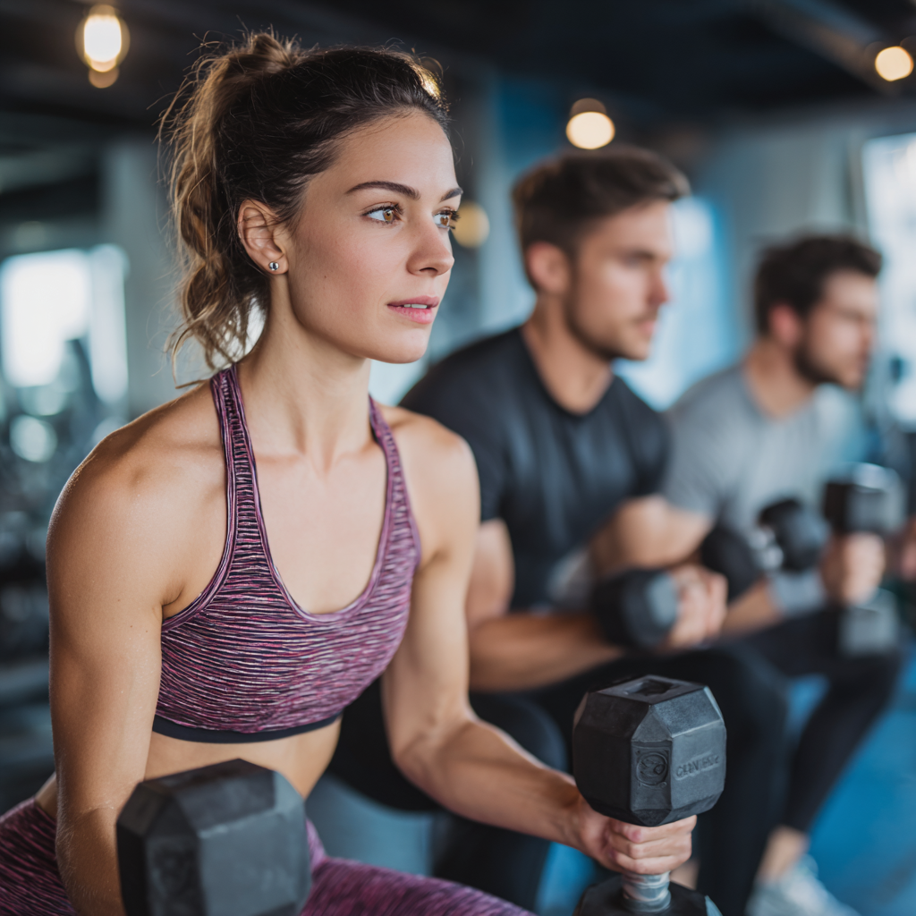Experienced fitness professionals training with weights in modern gym environment