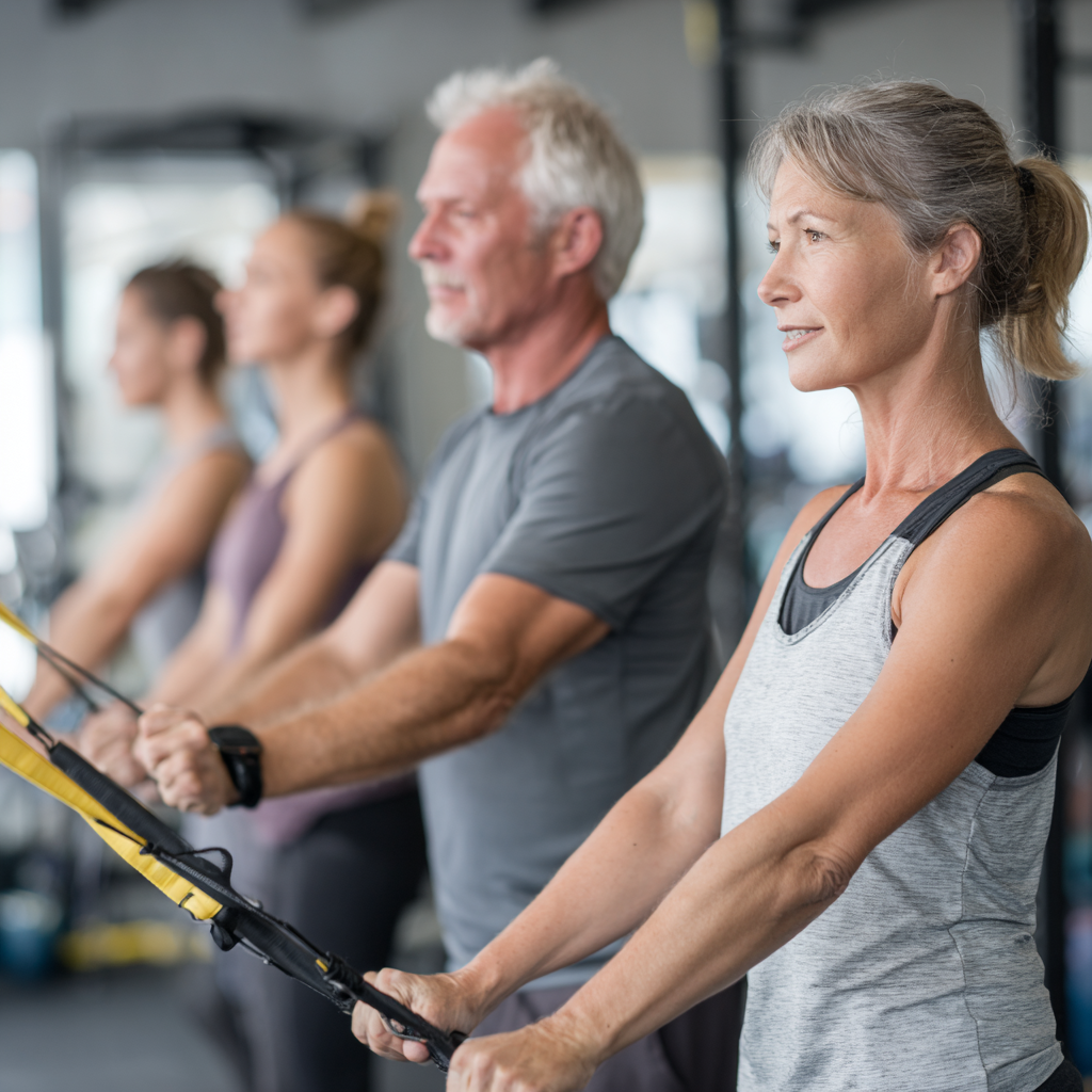 Professional fitness instructors demonstrating functional training methods with mature adults